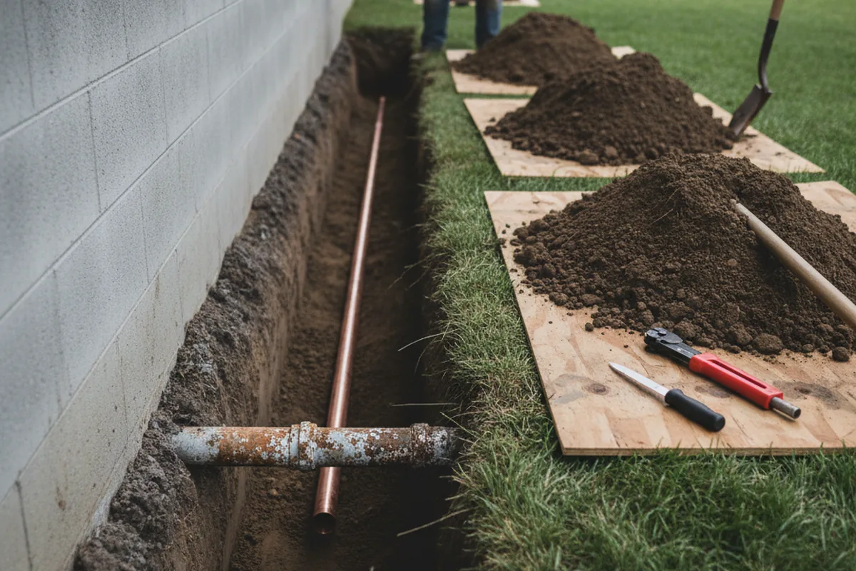 Excavated water line trench during Water Heater Repair in New Madison